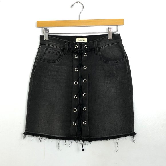 L'AGENCE Dresses & Skirts - L'Agence Portia Black Denim Front Lace Up Skirt
